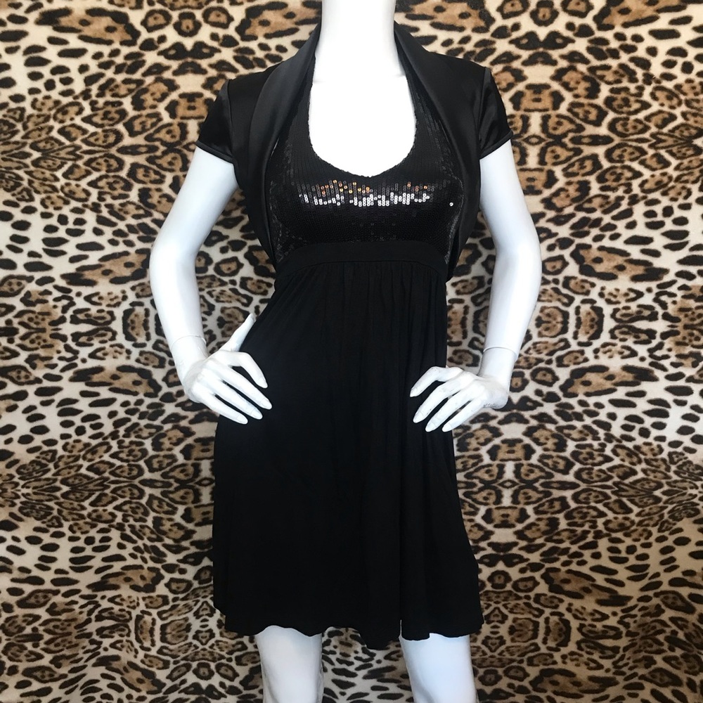 Plunging Neckline Black Sequin H & M Dress w/ Satin Le Chateau Bolero Jacket
